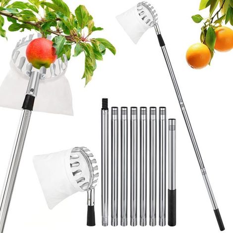 Cueille-Fruits 4.2 m avec Manche télescopique, avec Poteau Réglable Léger et Sac de Rangement de Fruits,Ramasse Acier Inoxydable (1/5)