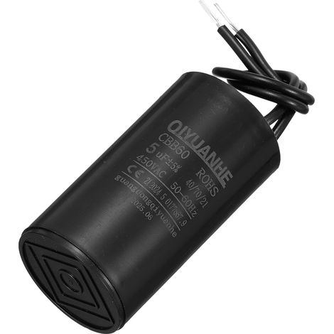 Condensateur 5uF 450V AC 2 Fils 50/60Hz Condensateur de Démarrage du Moteur Cylindrique 34x60mm pour Compresseur d'Air et Pompe à Eau, Noir (1/5)