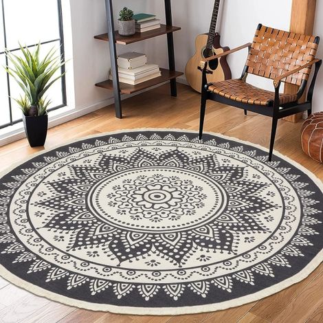 Tapis rond en coton 180 cm, lavable en machine, tissé main, idéal cuisine et salon, doux et durable, motif traditionnel, sans glisse, pour maison. (1/3)
