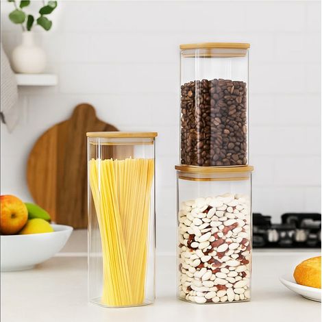 Set of 3 Large Glass Storage Jars with Lids Airtight (1600ml) Spaghetti Pasta Storage Container Kitchen Containers Clear Food Storage containers for Spaghetti Pasta Oats Cereal Rice