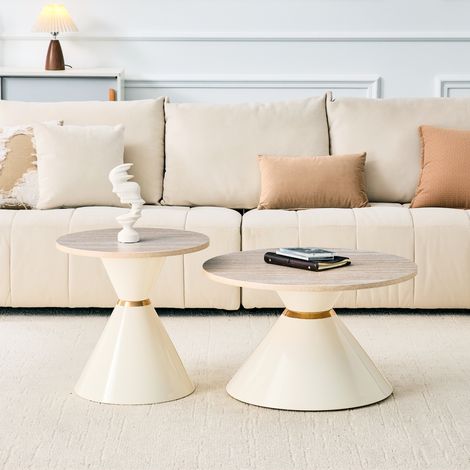 Lot de 2 Tables Basses Gigognes - Ø70cm & Ø50cm - Design Conique Moderne Effet Travertin et Métal Crème - Travertin et Crème (1/5)
