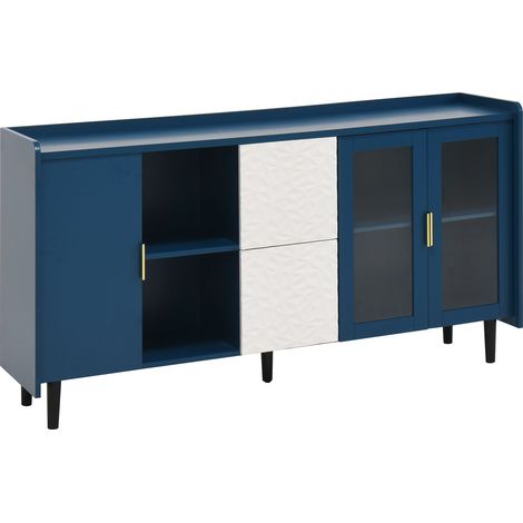 ELVMI Buffet de cuisine avec 2 Tiroirs, 2 Niches ouvertes et 2 Portes en verre pour Cuisine en MDF Bleu (1/4)