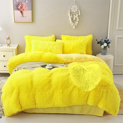 Parure de lit 5 pièces à Poils Longs Housse de Couette Duveteuse en Fausse Fourrure Ultra Douce et Confortable Jaune Moutarde très Grand lit californien (1/5)