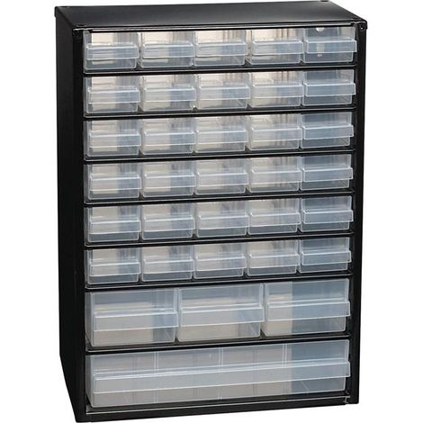 Bac de rangement 306 x 150 x 420 mm – Tôle d'acier – 34 tiroirs transparents – Avec sécurité de tiroir – Pour rangement atelier – Raaco