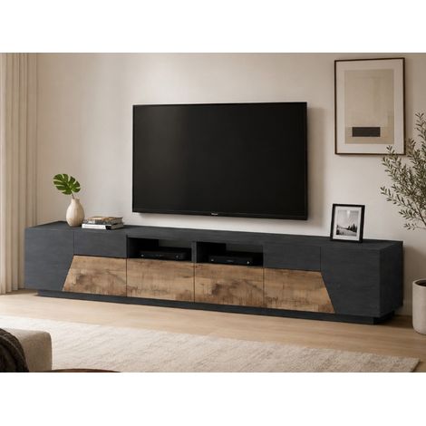 Dmora - Mobile porta TV Asdrubale, Credenza bassa da soggiorno a 4 ante, Base porta televisione, 100% Made in Italy, cm 260x43h46, Ardesia e Acero (1/5)
