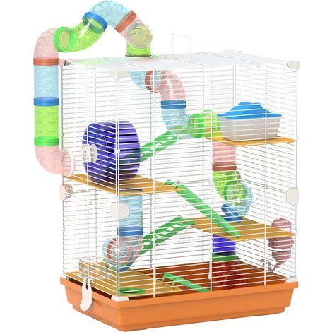 Gabbia per criceti e roditori a 5 piani con tunnel, mangiatoia, ruota, casetta e scale, dim. 46L x 30P x 58A cm, arancione (1/5)