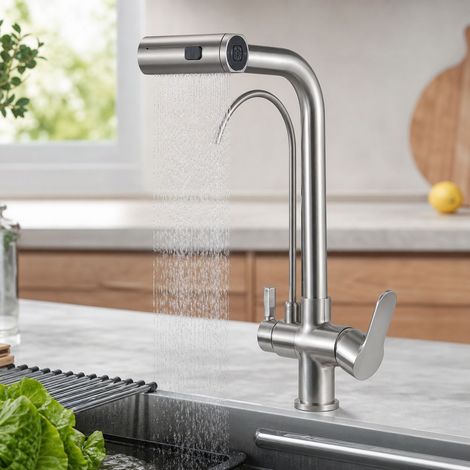 Robinet de cuisine 3 en 1 eau pure, mitigeur rétractable avec douchette, bec cascade et jet pluie, laiton massif finition argent brossé (1/5)