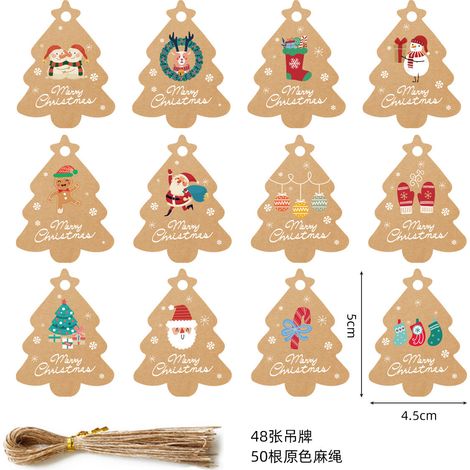 Lot de 48 étiquettes cadeaux en papier kraft Noël, forme arbre/sapin, avec 50 cordes en chanvre naturel