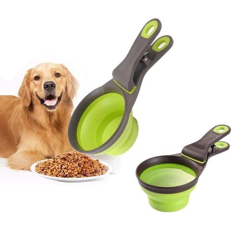 Cuchara multiusos para comida de mascotas, vaso medidor plegable de silicona 3 en 1 y clip para cerrar la bolsa, ideal para guardar comida, agua y snacks para perros y gatos, o para llevar de viaje. (1/5)