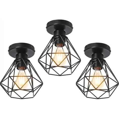 U-Do 3Pcs Plafonnier Industriel Vintage Lampe Cage forme Diamant Mini en Fer Noir (1/4)