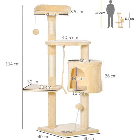 Arbre à chat en bois de 114 cm de haut (avec maisonnette, jouet, balle et corde), 4 niveaux (1/5)