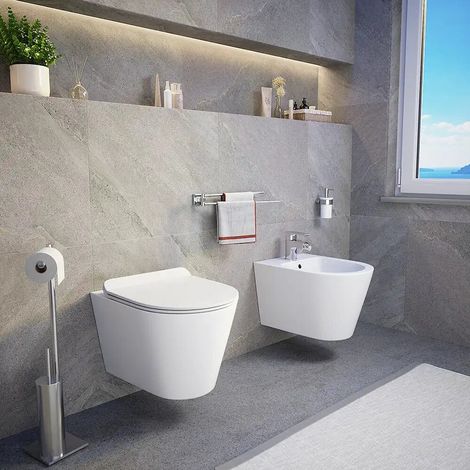 Coppia di Sanitari Sospesi in Ceramica Bianco Lucido Vaso Rimless Sedile Soft-close e Bidet Mod. Barcellona