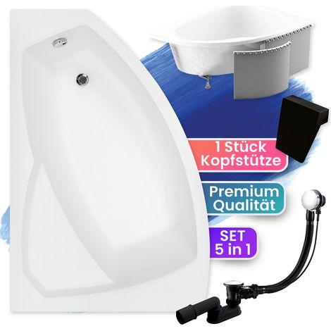 Badewanne Eckbadewanne 140x90 Links mit Styroporverkleidung + Kopfstütze, Ablaufgarnitur & Füßen GRATIS - Komplettset 5in1 - Made in EU - BADLAND RIMA