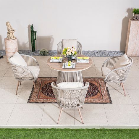 Abrihome 4-Seater Round Garden Dining Set – 100cm Metal Frame Table with WPC Wood-Grain Top, 4 Twist Rattan Chairs with Olefin Cushions, Grey