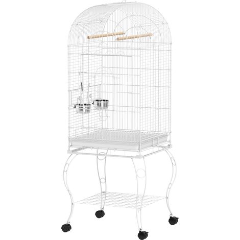 Cage à oiseaux à roulettes avec étagère, 51 x 51 x 153 cm, couvercle à charnières, mangeoires et plateau amovible, blanche. (1/5)