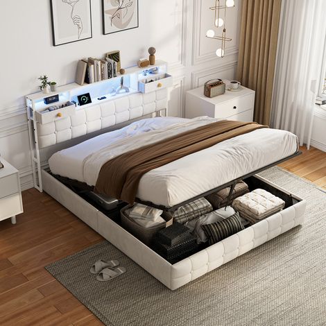 Lit Coffre 160x200 cm Velours Beige, Lit double capitonné avec LED et USB,Tête de Lit avec Rangement Intégré,Lit hydraulique pour adulte,Sommier à Lattes, Scandinave (1/5)
