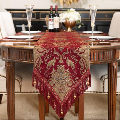 Tischläufer mit Quasten 33x274cm Bordeauxrot für Esstisch & Party