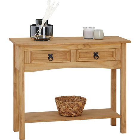 Idimex – Table console en pin massif style mexicain – 2 tiroirs de rangement – Dimensions tiroirs 28x7x20cm – Finition cirée et teintée