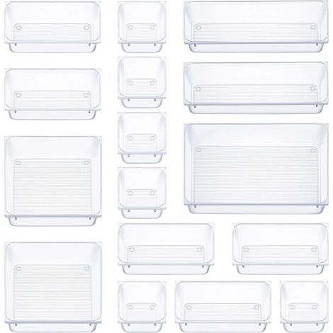 Set di 16 organizer per cassetti, 5 misure di scatole portaoggetti, organizer antiscivolo per trucchi, per riporre articoli di cancelleria in ufficio, cassettiera, bagno, cucina (trasparente) -Crezuo