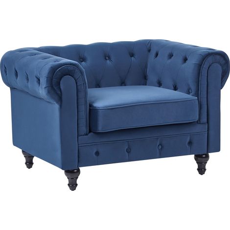 Poltrona vintage in tessuto vellutato blu Chesterfield