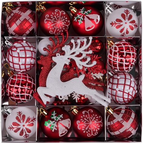 Adornos navideños, bolas navideñas vintage, adornos navideños colgantes clásicos, juego de 45 piezas (rojo y blanco) (1/5)