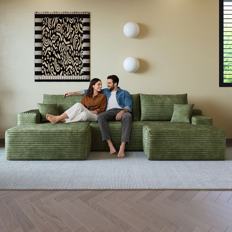 Canapé Modulaire 4 Places en Velours Côtelé avec Assise Profonde et Méridienne à Gauche, Sans Assemblage, Vert