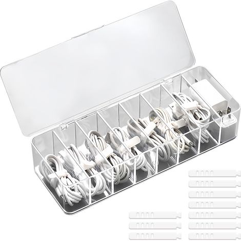Transparent Boite Cable Rangement, Rangement Chargeur avec 8 Compartiments et 10 Serre-Câbles, Transparent Boîte de Gestion des Câbles, Organisateur de Cable pour Comptoir en Plastique Translucide (1/5)