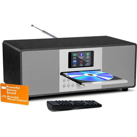 MS4 Lecteur CD,Système HiFi Radio Dab,Bluetooth,Stéréo,Noir Haut-parleurs crête, coffret bois acoustique, 40 présélections, écran couleur 2,4po, télécommande, égaliseur (1/5)