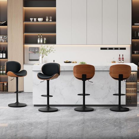 Barhocker 4er Set, höhenverstellbar, drehbar, Kunstleder & Massivholz, Schwarz (1/5)