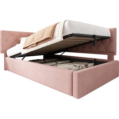 Lit capitonné jour 90x190, banquette avec coffre hydraulique, lit enfant ado cadre sommier bois, velours, rose, matelas non inclus, gain de place, pour chambre enfant (1/5)