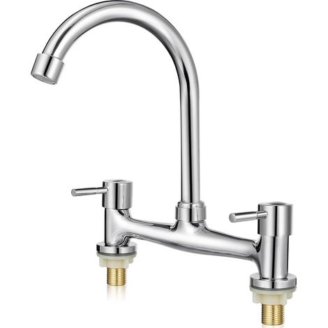 Mitigeur de lavabo, cuivre, argenté, 2 poignées, pour vasque (1/5)