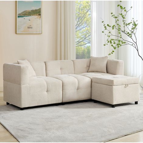 Ecksofa 204x126x69 cm Beige Chenille mit Stauraum, Hocker und 2 Kissen (1/5)