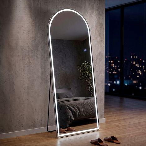 Espejo de pie o de pared con forma arqueada, 76 x 177 cm, con LED incluido, color opalino plateado (1/5)