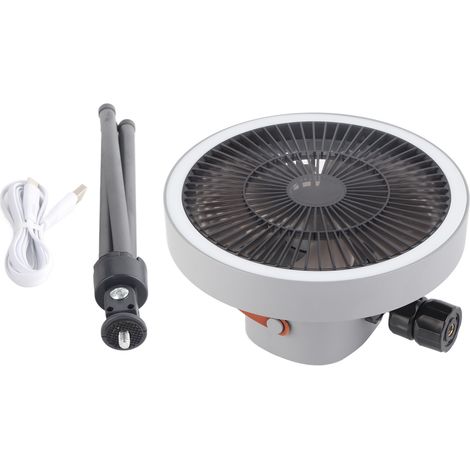 Grauer, wiederaufladbarer, tragbarer Campingventilator mit Stativ und USB-Anschluss für Zelte im Freien (1/5)