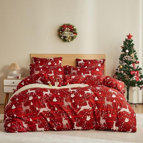 Ensemble de literie motif Noël renne 200x200 cm microfibre rouge avec fermeture éclair