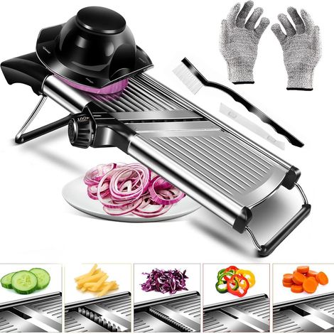 Coupe-légumes multifonctionnel et réglable pour la cuisine, coupe-légumes et fruits en acier inoxydable, avec 5 gants de protection anti-coupures (1/5)
