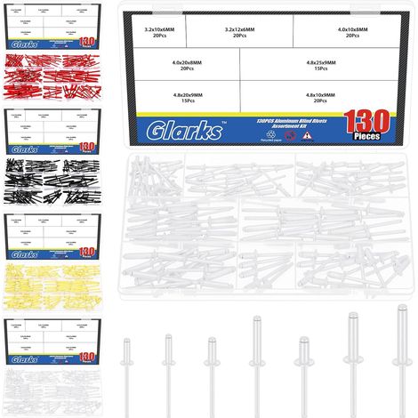 130pcs 7 tailles Rivets aveugles en aluminium blanc, Rivet Pop Mandrin en acier à poignée en aluminium, Kit d'assortiment de rivets Pop, Grands rivets à bride pour le métal, Meubles, Automobile (1/5)
