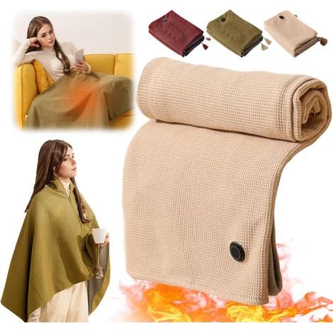 Châle chauffant – Couverture électrique en coton USB 150 x 80 cm, 3 niveaux de chaleur, bouton de contrôle automatique, couverture thermique chaude Enveloppe électrique douce pour le camping,beige (1/5)