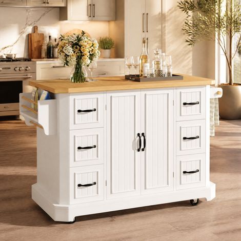 Isla de cocina 120/45(75)/91 cm en blanco con 2 puertas y 6 cajones (1/5)