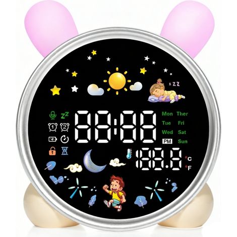 Kinderwecker mit Nachtlicht, „OK to Wake“-Funktion für Schlaftraining, Nickerchen-Timer und Temperaturanzeige, niedliche hasenförmige Schlafzimmerdekoration.