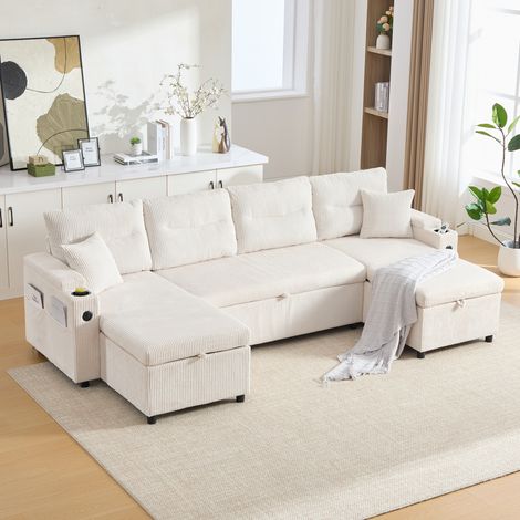 Canapé panoramique convertible 4 places 272x136x86 cm avec double méridienne coffre, couchage coulissant, porte-gobelets, USB-C, velours côtelé beige (1/5)
