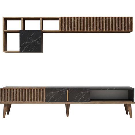 Esemble meuble TV en bois noyer et noir effet marbre Roma 180cm (1/5)