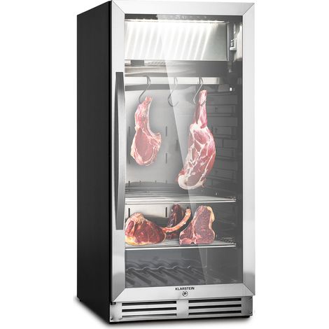 Klarstein Dry Ageing Refrigerator, Steak Maturing Cabinet, Glass Fridge for Dry Aged Meat, Single-Zone Mini Fridge Meat Locker, Glass Fronted Fridge for Beef, Pork, LED Lighting, 1-25 °C Range, 233 L
