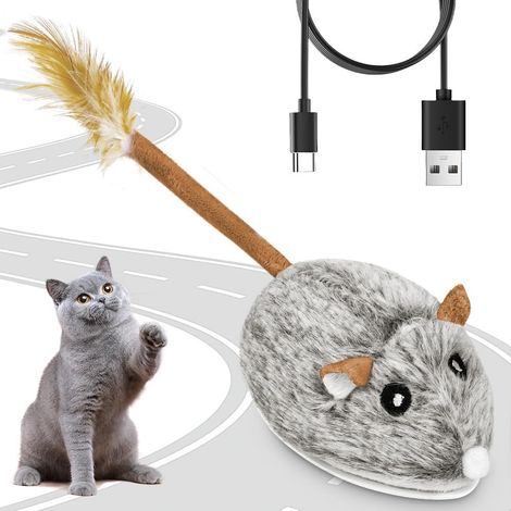 Souri Interactive pour Chats Jouet, Souris Électrique avec à détection Intelligente Mobile Automatique pour Chat Rechargeable par USB avec Queue de Plume Sons Réalistes, Gris Foncé (1/5)