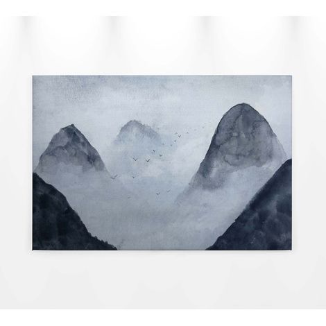Tableau montagne gris noir & bleu aquarelle | Tableau sur toile parfait pour couloir & entrée | Tableau paysage montagne 0,9 x 0,6 m (1/5)