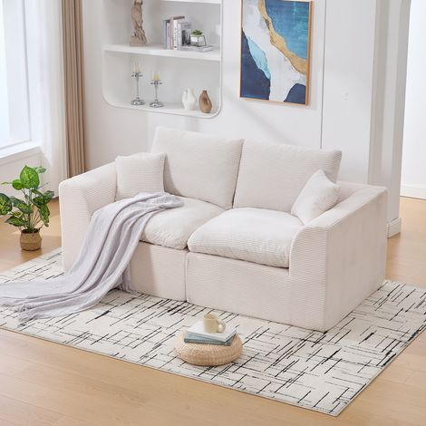 Divano Dritto 2 Posti in Velluto A Coste con Cuscini Alta Resilienza, Design Minimalista, Beige