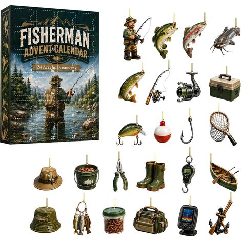 Adventskalender – 24-teilige 2D-Acryl-Weihnachtsbaumkugeln mit Anglermotiv – Angelzubehör und Fische zum Aufhängen – Countdown-Geschenk für Angler am Weihnachtsbaum (1/5)