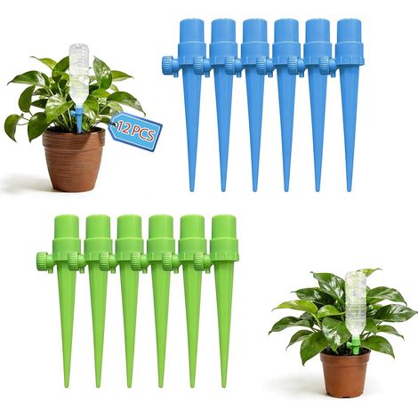 12 pcs Arrosage automatique pour plante réglable, Arrosage goutte a goutte bouteille compatible (2,1cm/2,5cm), ABS durable, débit réglable, Arrosage automatique pour Plantes en pot (1/5)