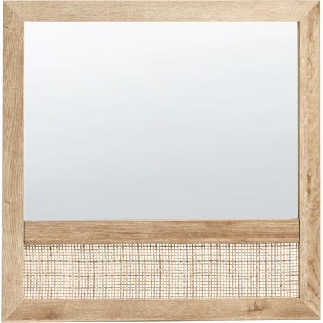 Espejo de pared decorativo cuadrado moderno 60 x 60 cm marco de tablero de partículas con ratán madera clara Rosell