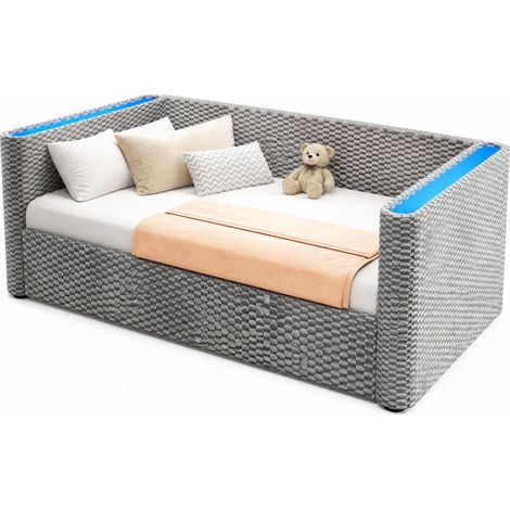Sofá cama 90 x 200 cm con almacenaje hidráulico, LED multicolor, tapizado en terciopelo gris, estilo minimalista para dormitorio, salón o infantil - CHICFURN (1/5)